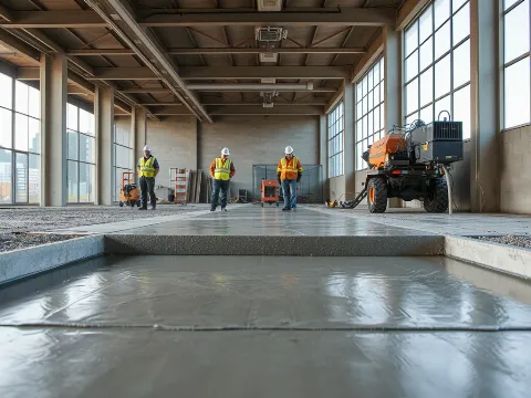 Modern concreting project in progress with workers and equipment