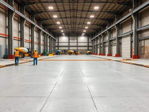 Large commercial concrete slab with construction equipment